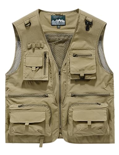 Gihuo Mens Fishing Vest Lightweight Utility Vests Cargo Outdoor Safari Travel Vest with Pockets - color: Khaki, size: Small