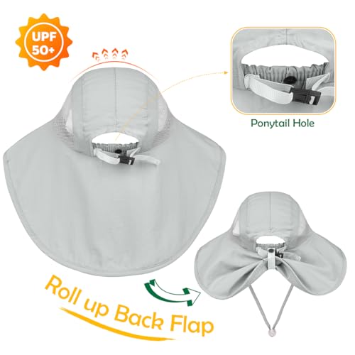 Kids Sun Hat UPF50+ Summer Beach Play Sun Protection Hats with Neck Flap for Ages 5~14 Girls Boys - color: Light Grey＆blue