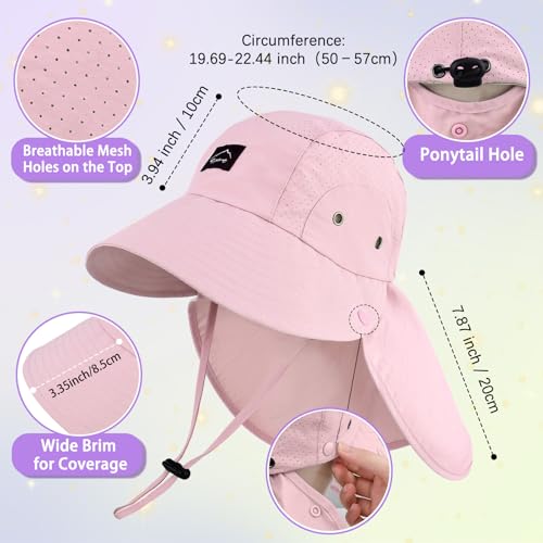 Kids Sun Hat with Detachable Neck Flap for Boys & Girls Wide Brim Fishing Hat for Kids Water Resistant UV Protection - color: 1 Pack-light Pink