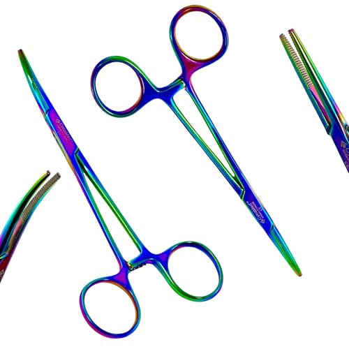 Premium Hemostat Forceps Set 5.5 Inch – Stainless Steel Straight & Curved Hemostat Pliers for Piercing, Fishing, Jewelry Making, Craft & Multi-Purpose Use Multi Rainbow Titanium Coated