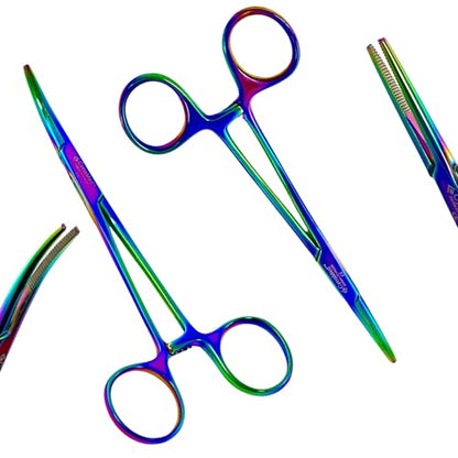 Premium Hemostat Forceps Set 5.5 Inch – Stainless Steel Straight & Curved Hemostat Pliers for Piercing, Fishing, Jewelry Making, Craft & Multi-Purpose Use Multi Rainbow Titanium Coated