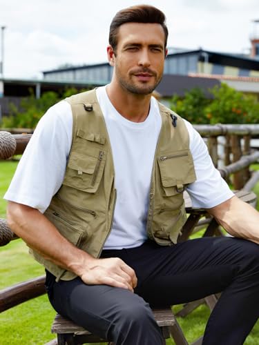 Gihuo Mens Fishing Vest Lightweight Utility Vests Cargo Outdoor Safari Travel Vest with Pockets - color: Khaki, size: Large