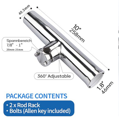 2PCS Tournament Style Boat Fishing Rod Holders, 316 Stainless Steel Clamp on 7/8" to 1" Rail, 360 Adjustable Fishing Rod Holder