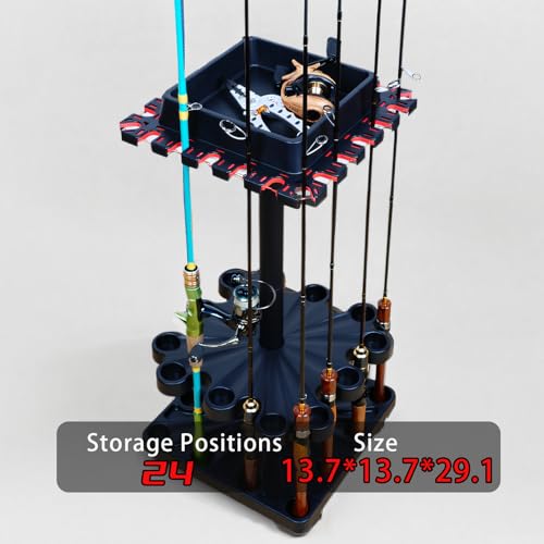 Freestanding Rotating Fishing Rod Rack – No-Drill Lure Rod Stand, Home Display Organizer, Tool-Free Assembly, Holds up to 24 Rods, (With Rolling Wheels)