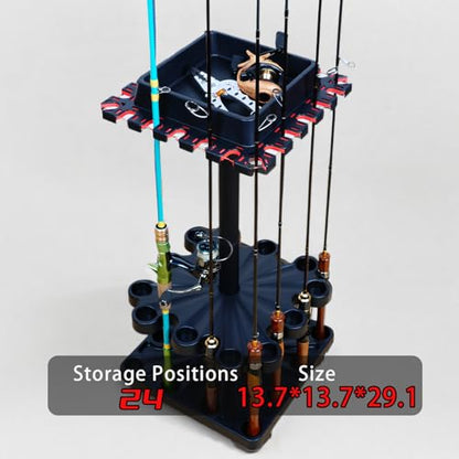 Freestanding Rotating Fishing Rod Rack – No-Drill Lure Rod Stand, Home Display Organizer, Tool-Free Assembly, Holds up to 24 Rods, (With Rolling Wheels)