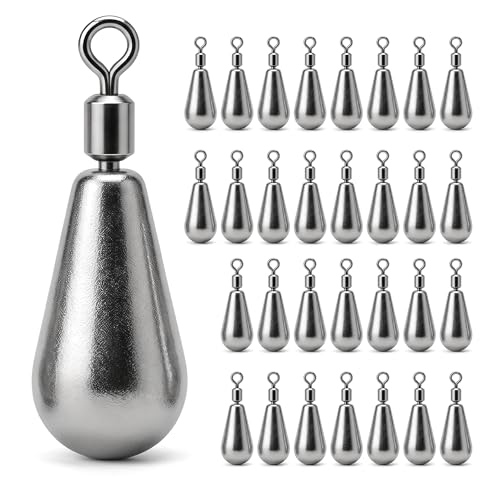 Drop Shot Fishing Weights with Rolling Swivel Streamlined Lead Fishing Sinkers for Freshwater Saltwater Catfish Bass Casting Fishing and Bottom Fishing Rigs - size: 3/32oz-30pcs-teardrop1