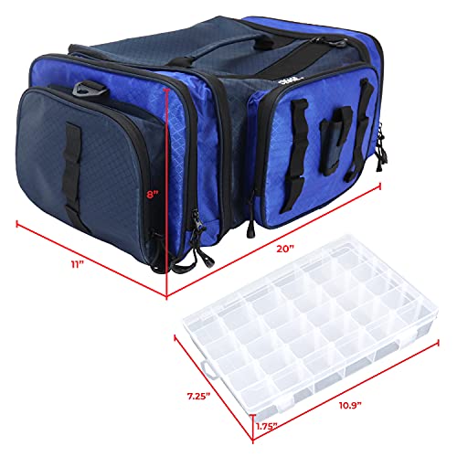 OSAGE RIVER Large Waterproof Fishing Tackle Bag with Padded Shoulder Strap, Ripstop Soft Sided Bag with Fishing Pliers Holder - color: Blue with 3 Tackle Boxes