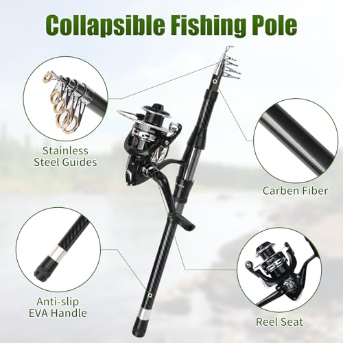 Fishing Rod Reel Combo - 2PCS 6.89ft Telescopic Fishing Poles 2PCS Spinning Reels Lures Set Fishing Pliers with Carrier Bag for Travel Saltwater Freshwater Gift Portable Fishing Pole Kit - color: Black 2
