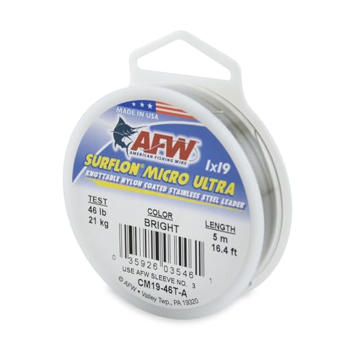 American Fishing Wire Surflon Micro Ultra Nylon Coated 1x19 Stainless Steel Leader Wire - Knottable Fishing Leaders Saltwater & Fly Fishing, 6lb Test - 61lb Test, Bright, Black & Camo Colors - color: Bright, style: 5 Meter, 46 Pound Test