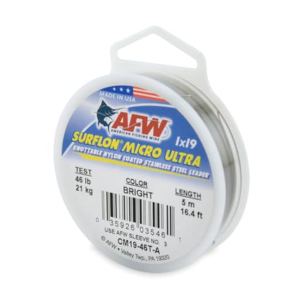 American Fishing Wire Surflon Micro Ultra Nylon Coated 1x19 Stainless Steel Leader Wire - Knottable Fishing Leaders Saltwater & Fly Fishing, 6lb Test - 61lb Test, Bright, Black & Camo Colors - color: Bright, style: 5 Meter, 46 Pound Test