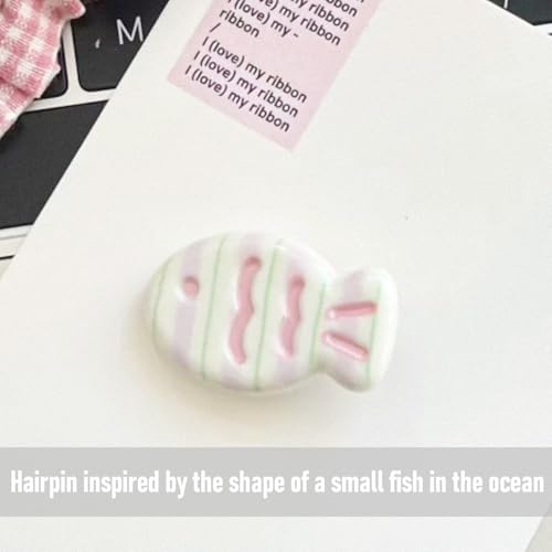 6 Pcs Small Fish Snap Hair Clips Green & Purple Lines Design Kawaii Resin Hairpin Glossy White Headdress Metal Barrettes for Women No Crease Hair Styling Supplies - color: Style 14