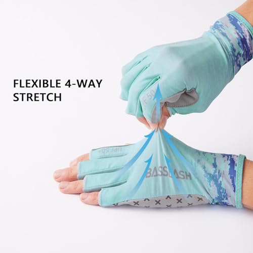 BASSDASH 3/4 Finger UPF 50+ Sun Gloves Breathable Anti-Slip Silicone Palm for Men Women Fishing Fingerless Cycling Running - color: Seafoam Digital Gradient, size: Small