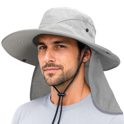 PFFY Sun Bucket Hats for Men Women Fishing Hat UV Protection Wide Brim Beach Safari Hat with Neck Flap - color: Lightgrey (With Neck Flap)