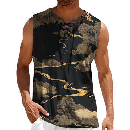 MARSVOVO Mens Print V-Neck Tank Tops Casual Lace-Up Loose Fit Graphic Vest Lightweight Breathable Sleeveless Shirts - color: Pattern Aa, size: Large