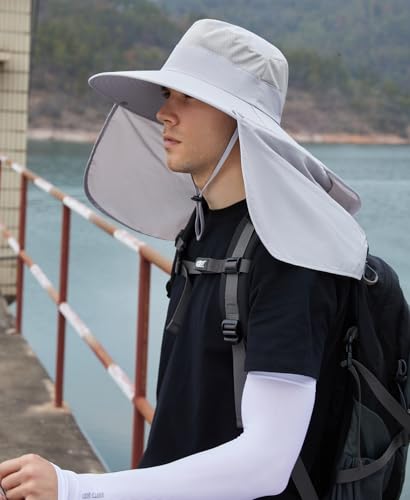 HUAMULAN Women Large Brim Sun Hat with Neck Flap, Men Quick Dry Hiking Fishing Safari Hat UPF 50+ - color: Light Gray With Mesh Panel