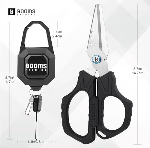 Booms Fishing Braided Line Cutter: 6.3in Multifunction Fishing Scissors with Retractor - Fishing Shears with Serrated Blades and Side Wire Cutter, S04 - style: Scissors with Retractor