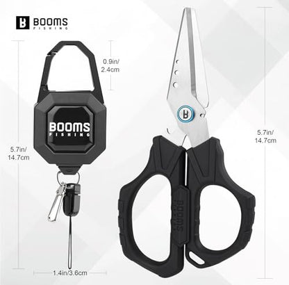 Booms Fishing Braided Line Cutter: 6.3in Multifunction Fishing Scissors with Retractor - Fishing Shears with Serrated Blades and Side Wire Cutter, S04 - style: Scissors with Retractor