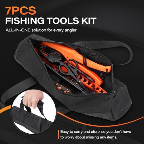 Fishing Tool Kit, Fishing Accessories with Fillet Knife, Fish Hook Remover, Fishing Pliers with Lanyard, Fish Lip Gripper, Fishing Braid Scissors, Tool Retractor