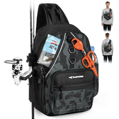 KastKing Karryall Sling Tackle Bag–Fishing Sling Pack,Fishing Backpack With Rod Holder,MOLLE System,Soft Bait & Gear Storage - color: B: Black Camo