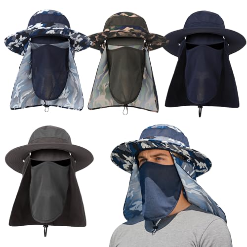 4 Pack Sun Hats for Men Women UPF 50+ Wide Brim Fishing Bucket Hat Summer Outdoor UV Protection Adjustable Neck Flap - color: Camouflage Green, Camouflage Blue, Gray, Blue