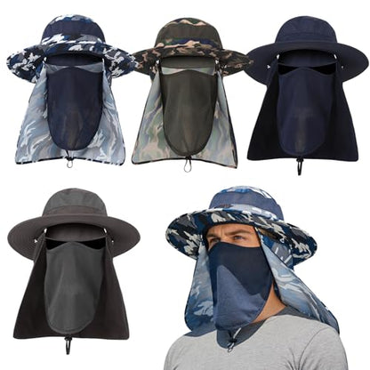4 Pack Sun Hats for Men Women UPF 50+ Wide Brim Fishing Bucket Hat Summer Outdoor UV Protection Adjustable Neck Flap - color: Camouflage Green, Camouflage Blue, Gray, Blue