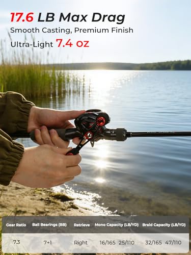 Jenseits Baitcasting Reel 7.3:1 High Speed Bass Baitcaster, Drag Clicker Version, Low Profile Casting Reel with 7+1 Bearings, 17.6LB Drag Magnetic Brake System - color: 7.3:1-Right