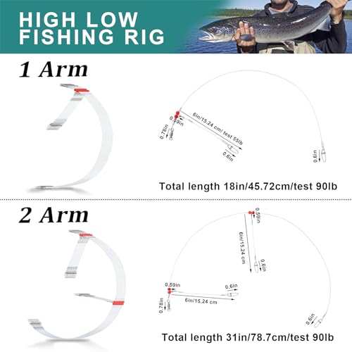 12/24pc Mono Leader Rigs - High Low Surf Fishing, Snaps, Swivels, Beads, 1/2 Arm for Bait, Lure, Hook, Salt/Freshwater