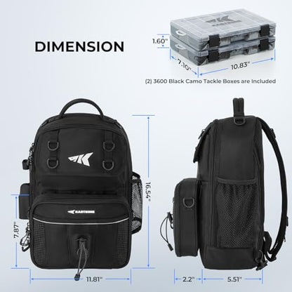 KastKing BaitSpace Fishing Sling Bag, Fishing Backpack with Rod & Beverage Holder, Tackle Bag for Fishing Gear - color: H: Black - with (2) 3600 tackle boxes, size: Large