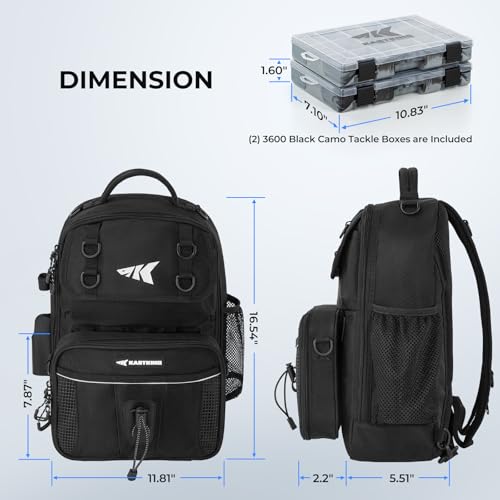 KastKing BaitSpace Fishing Sling Bag, Fishing Backpack with Rod & Beverage Holder, Tackle Bag for Fishing Gear - color: H: Black - with (2) 3600 tackle boxes, size: Large