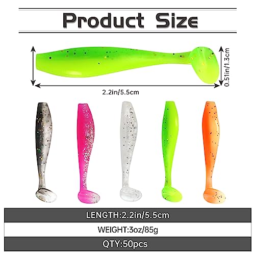 MAFIMOEA 50 Pcs Soft Fishing Lures Plastic Paddle Tail Swim Baits Kit for Bass Trout Walleye Crappie 5 Mixed Colors Fishing Soft Plastic Lure Kit 5.5CM - color: green