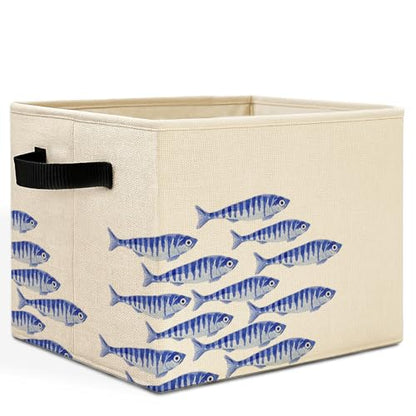 Blue Fish Coastal Beach Storage Bins Box with Handles, Ocean Nautical Sardine Fish Laundry Basket Hamper Collapsible Clothes Toys Organizer for Boys Room Nursery Bathroom Home - color: Blue Fish Coastal