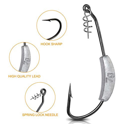 25 Pcs/Box Weighted Swimbait Hooks, Weighted Fishing Hooks Saltwater Worm Weedless Hooks for Bass Fishing Mixed 5 Size 1/0 2/0 3/0 4/0 5/0
