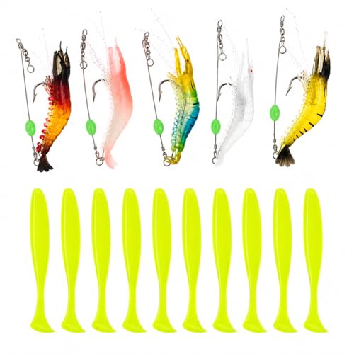 Fishing Lure Kit, 5pcs Bionic Shrimp Lures and 10pcs Paddle Tail Soft Plastic Swimbaits, Glow Soft Baits for Freshwater Saltwater Bass Trout Fishing