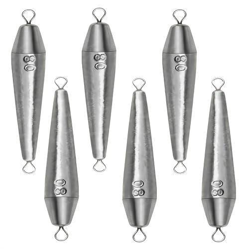 10PCS Fishing Weights, Inline Trolling Bullet Sinkers Double Ring Torpedo Fishing Weights Lead Drop Shot Fishing Weight Sinkers - 20g-50g - size: 2.82oz(80g)-6 Pack