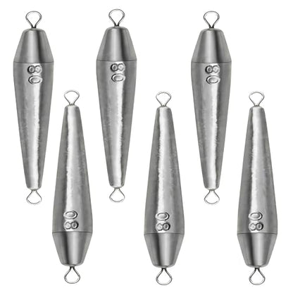 10PCS Fishing Weights, Inline Trolling Bullet Sinkers Double Ring Torpedo Fishing Weights Lead Drop Shot Fishing Weight Sinkers - 20g-50g - size: 2.82oz(80g)-6 Pack