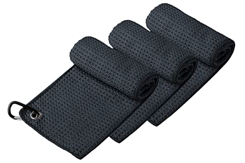 Handy Picks Microfiber Golf Towel (16" X 16") with Carabiner Clip, Waffle Pattern Golf Towel Hook and Loop Fastener - The Convenient Golf Cleaning Towel - color: Black