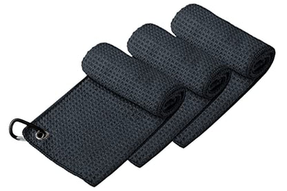 Handy Picks Microfiber Golf Towel (16" X 16") with Carabiner Clip, Waffle Pattern Golf Towel Hook and Loop Fastener - The Convenient Golf Cleaning Towel - color: Black