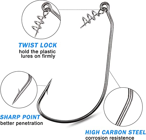 Twistlock Fishing Hooks,50pcs Bass Fishing Worm Hooks with Centering Pin Spring Unweighted Swimbait Hooks for Soft Plastics Lure Baits Saltwater Freshwater Size 1/0 2/0 3/0 4/0 5/0 - size: Size 4/0-50pcs