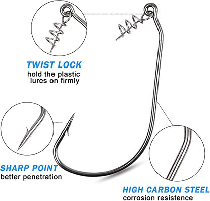 Twistlock Fishing Hooks,50pcs Bass Fishing Worm Hooks with Centering Pin Spring Unweighted Swimbait Hooks for Soft Plastics Lure Baits Saltwater Freshwater Size 1/0 2/0 3/0 4/0 5/0 - size: Size 3/0-50pcs