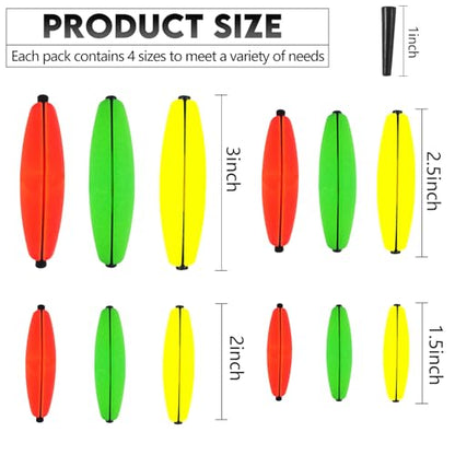 EUPHENG Peg Floats Slotted, Catfish Fishing Floats Slip Bobbers Cigar Foam Bobbers with Pipe Plug for Santee Rig Catfish Rig Fish Finder Rig - color: 24PCS-Green+Red+Yellow-(1.5"+2"+2.5"+3")