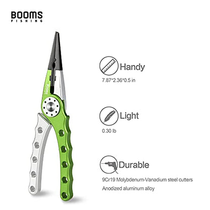 Booms Fishing X1 Aluminum Fishing Pliers Saltwater, Surf Fishing Tackle Kit, Fishing Multitool Hook Remover Braided Fishing Line Cutting and Split Ring with Coiled Lanyard and Sheath - color: Green&silver