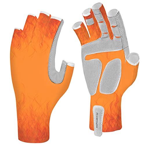 EDSRDUX UPF 50+ Fishing Gloves for Men Women, Long Cuff Fingerless Sun Gloves, Breathable Kayaking Sailing Sunscreen Gloves - color: Red Fire, size: Large