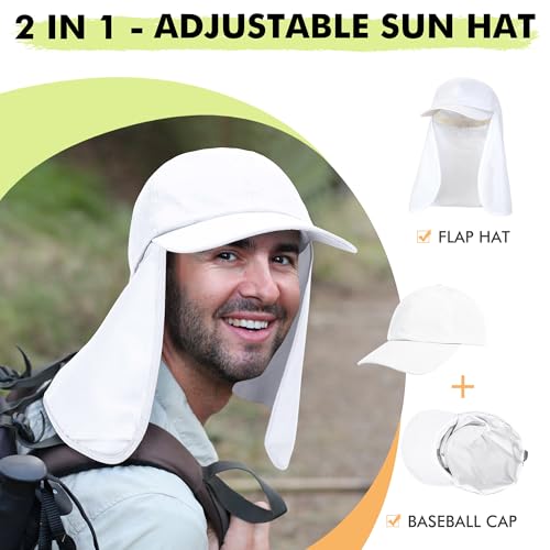 Tirrinia Wide Brim Sun Hat with Neck Flap for Men & Women, Breathable Hiking Fishing Safari Hat, Outdoor UV Protection Cap - color: White