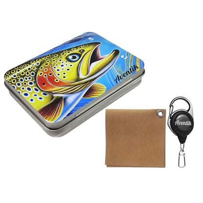 Aventik Metal Tin Portable Box Fly Fishing Tools Kit Includes a Fishing Knot Tool and Line Clipper Zinger Retractor Hook Remover Forceps - color: Tin Box+Dry fly patch+Zinger