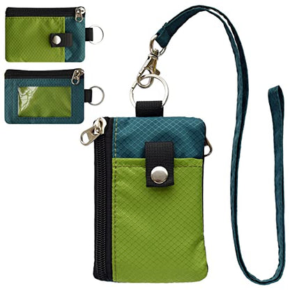CHENSPRX Minimalist RFID Blocking Small Wallet with ID Window,WaterResistant Zip Id Case Wallet with Lanyard Keychain for Cards,Cash,Travel,Women,Men - color: GreenOnion+DarkGreen