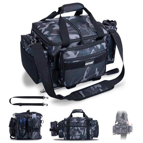 Goture Fishing Tackle Bag,Store Up to 4PCS 3700 Tackle Boxes(Not Included),600D Soft Side Water-Resistant Saltwater Gear Storage Fishing Bag with Rod Straps,Detachable Water Bottle Pouch,SBS Zippers - color: A3:Camo(Without Trays-17.72"x11.81"x9.45"), siz