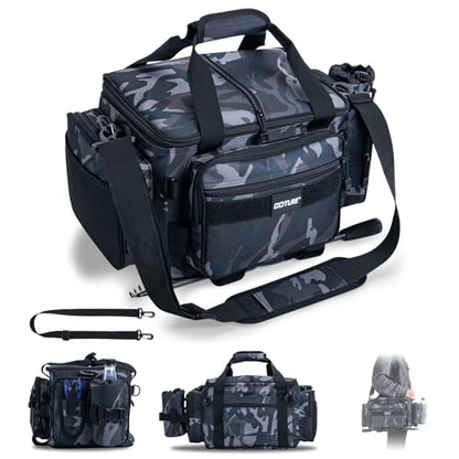 Goture Fishing Tackle Bag,Store Up to 4PCS 3700 Tackle Boxes(Not Included),600D Soft Side Water-Resistant Saltwater Gear Storage Fishing Bag with Rod Straps,Detachable Water Bottle Pouch,SBS Zippers - color: A3:Camo(Without Trays-17.72"x11.81"x9.45"), siz