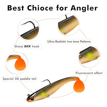 TRUSCEND Shadtale Easy Catch Soft Fishing Lures with BKK Hooks - Trembly Sinking and Vibrating Swim for More Bites, Pre-Rigged Swimbaits for Bass, Trout, Crappie, Walleye, Freshwater Saltwater Fishing - color: 2.5",1/6oz