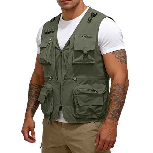 Men's Fishing Vest Casual Utility Lightweight Cargo Vest with Multi Pockets Outdoor Safari Photo Travel Jacket Vest - color: Y002- Army Green, size: Small