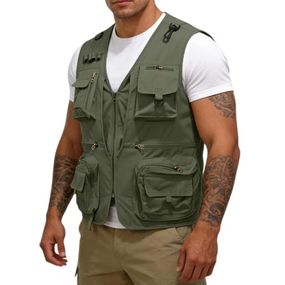 Men's Fishing Vest Casual Utility Lightweight Cargo Vest with Multi Pockets Outdoor Safari Photo Travel Jacket Vest - color: Y002- Army Green, size: Large